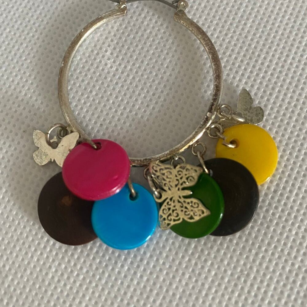 Colorful Boho Hoop Earrings with Butterfly Charms Mixed Disc Dangles 2in - Picture 13 of 17